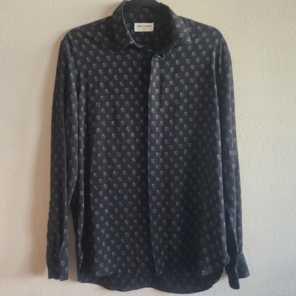 Saint Laurent Silk Shirt Mens 40 Black Ace Playing Cards Button Up Paris Poker
